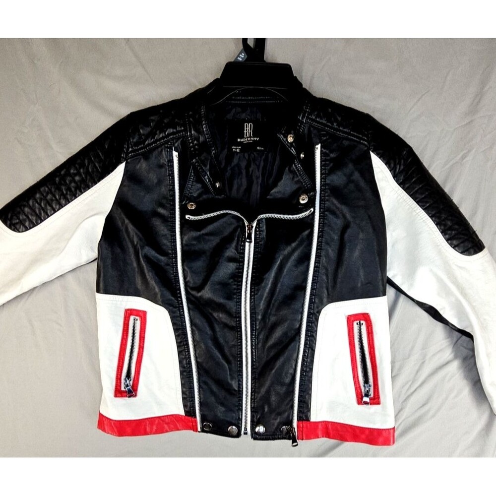 BuderMMY BR Youth Moto Leather Jacket Black White Red Zip Pockets 11–12
